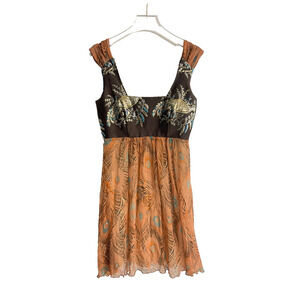 Tricia Fix XS Dress VIntage Y2K Silk Empire Waist Babydoll Embroidered Feather